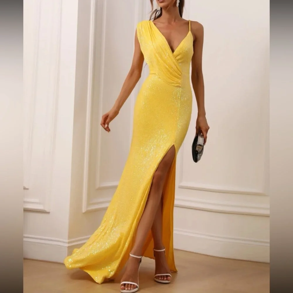 Luxe yellow slit thigh party sequins  dress - Picture 6 of 6